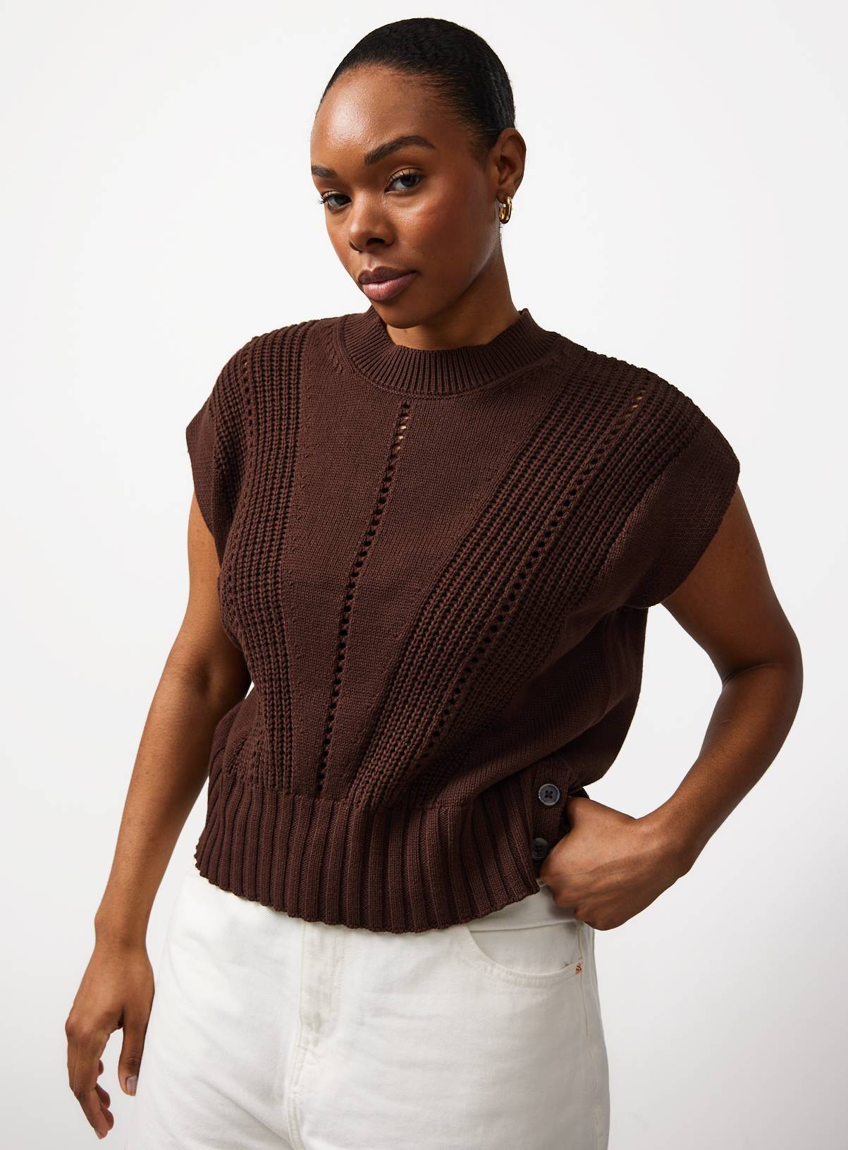 Brown Button Hem Grown On Sleeve Vest M - Image 1