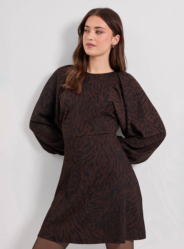 DOROTHY PERKINS Brown Animal Blouson Sleeve Printed Jersey Mini Dress 8
