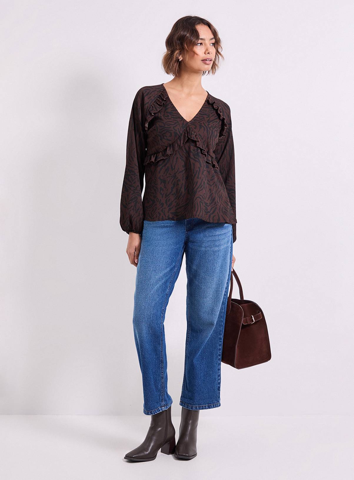 DOROTHY PERKINS Brown Animal Empire Seam Frill Detail Printed Jersey Top 8 - Image 2
