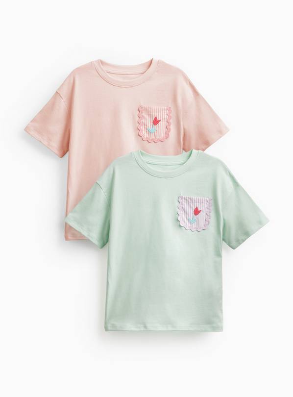 Relaxed Short Sleeve Crochet Pocket T-Shirts 2 Pack 6-7 years