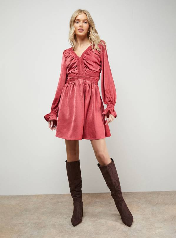 OASIS Lace Trim Gathered V Neck Mini Dress 18