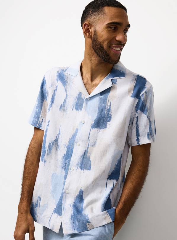 Brush Stroke Print Linen Short Sleeve Shirt M
