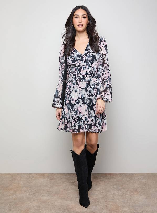 OASIS Printed Pleated Skirt Long Sleeve Mini Dress Mono 12