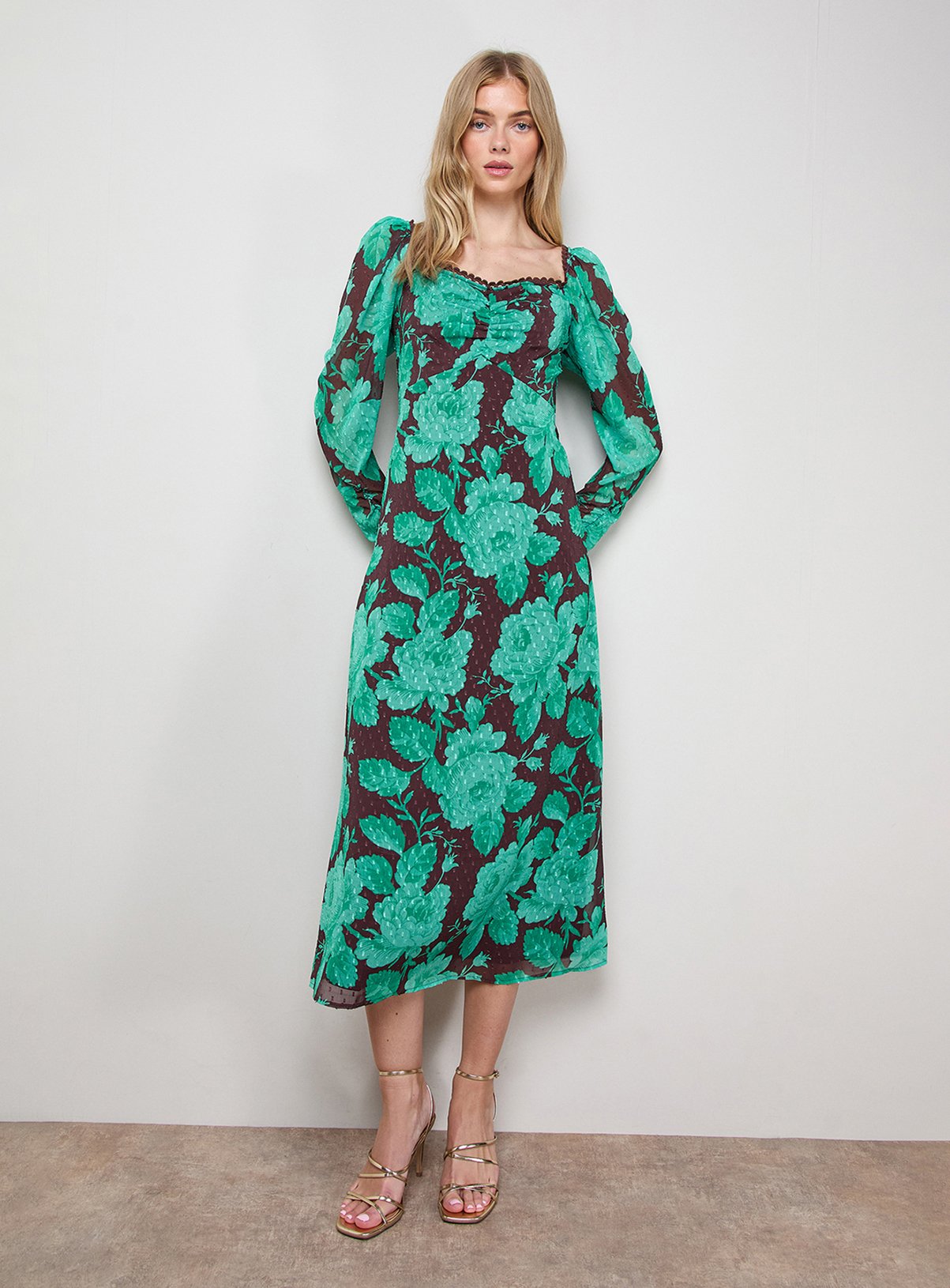OASIS Printed Chiffon Shoulder Detail Shirred Back Midi Dress 6 - Image 1 thumbnail