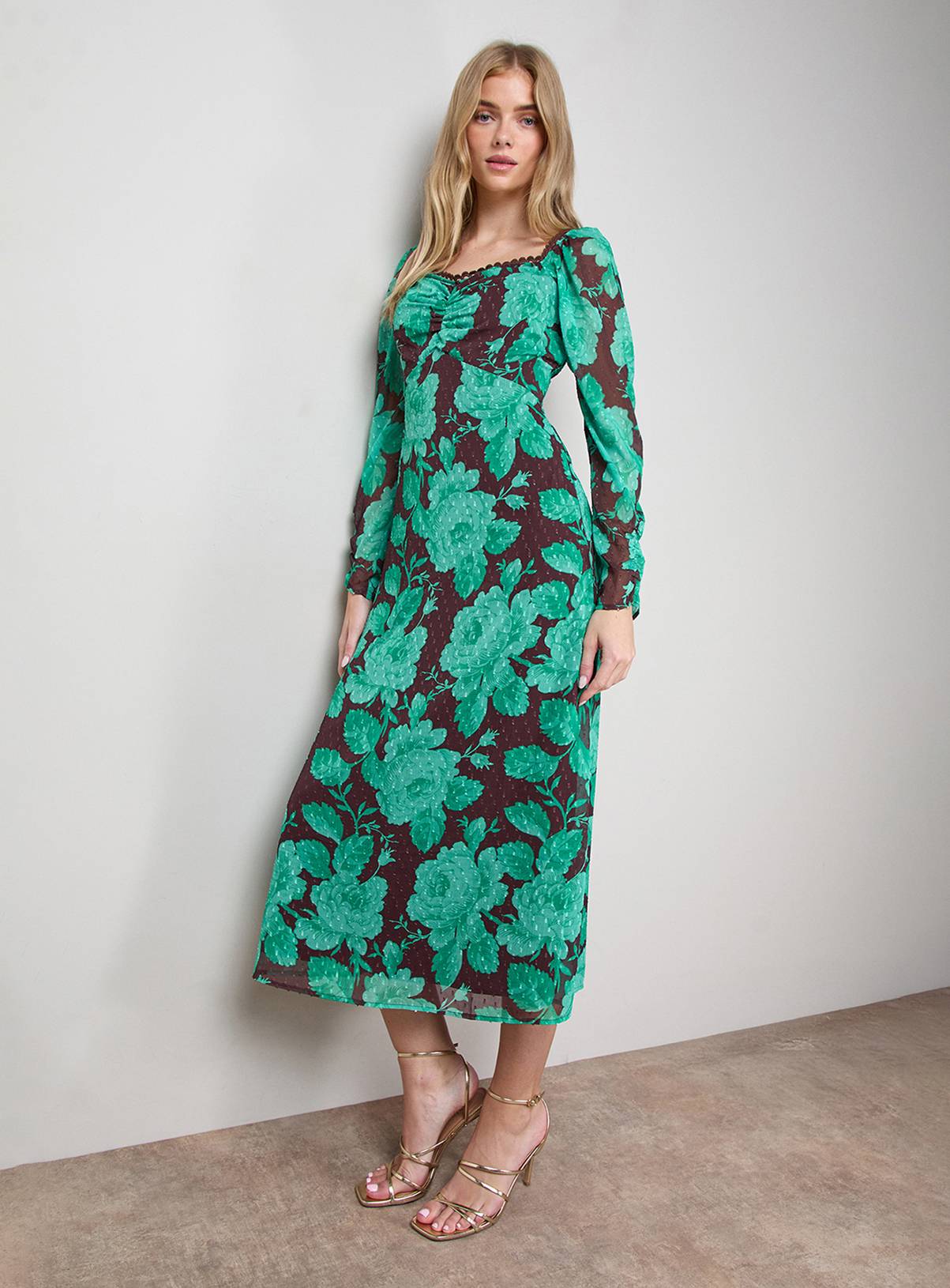OASIS Printed Chiffon Shoulder Detail Shirred Back Midi Dress 6 - Image 2