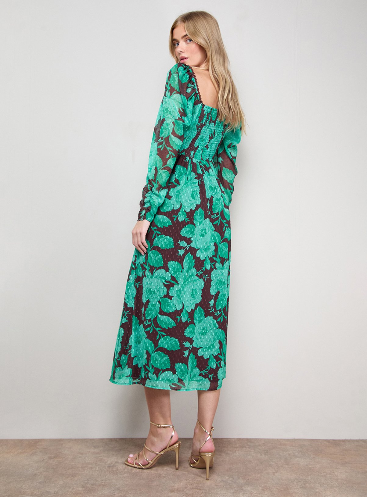 OASIS Printed Chiffon Shoulder Detail Shirred Back Midi Dress 6 - Image 3 thumbnail