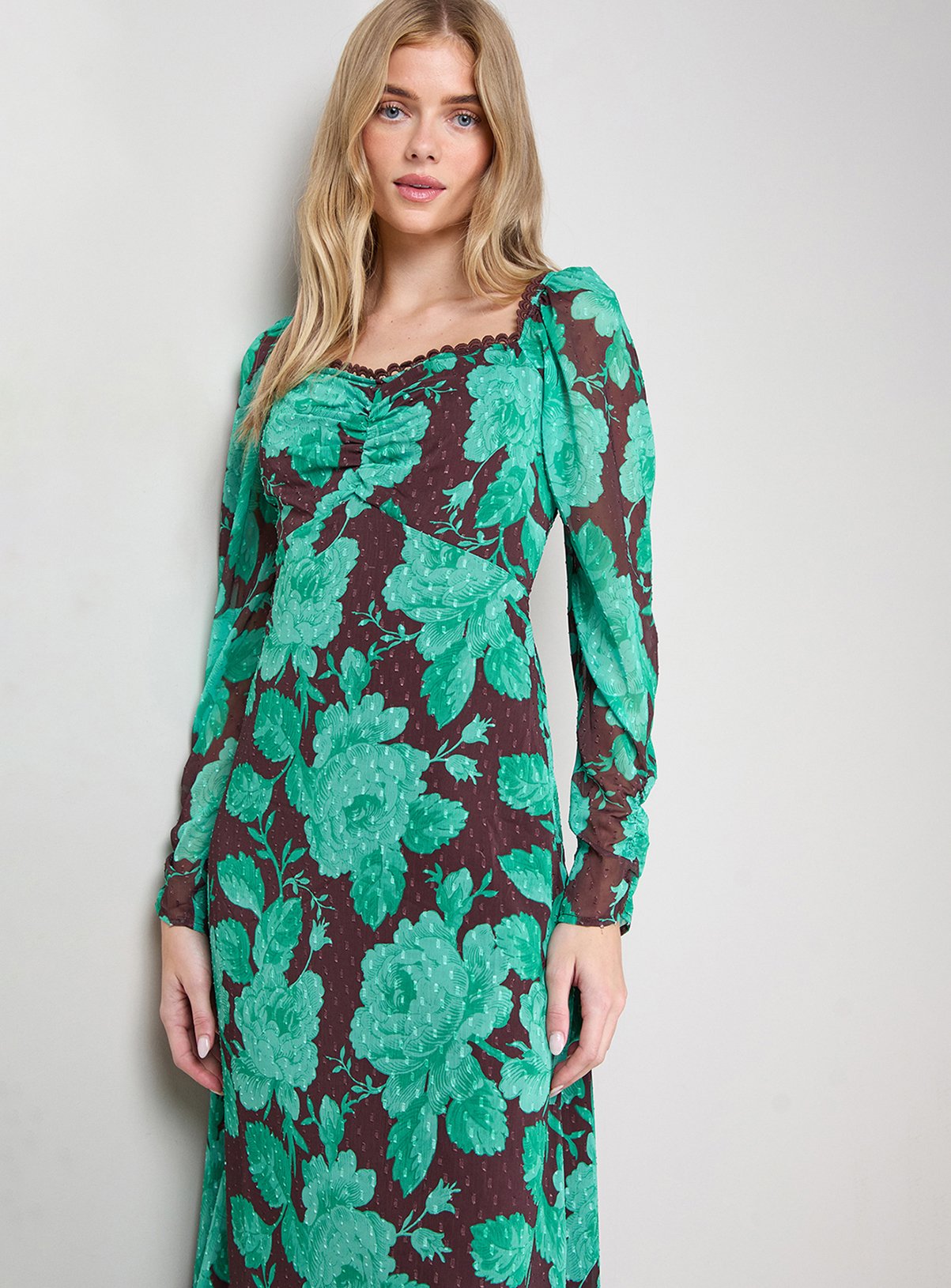 OASIS Printed Chiffon Shoulder Detail Shirred Back Midi Dress 6 - Image 4 thumbnail