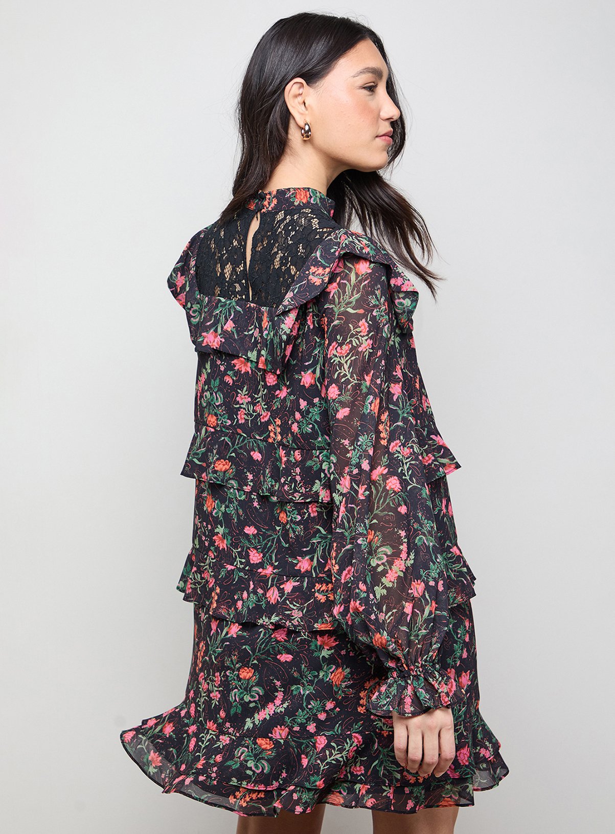 OASIS Printed Chiffon Lace Detail Tiered Long Sleeve Mini Dress 8 - Image 3 thumbnail