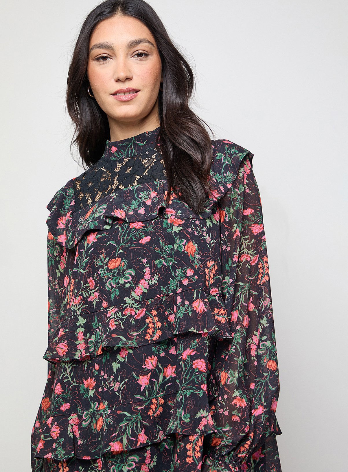 OASIS Printed Chiffon Lace Detail Tiered Long Sleeve Mini Dress 8 - Image 4 thumbnail