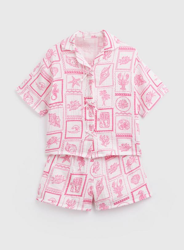 Seaside Stamp Print Tie Front Shortie Traditional Pyjamas 4-5 years