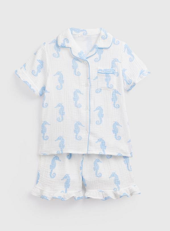 White Seahorse Print Double Cloth Shortie Traditional Pyjamas 3-4 years