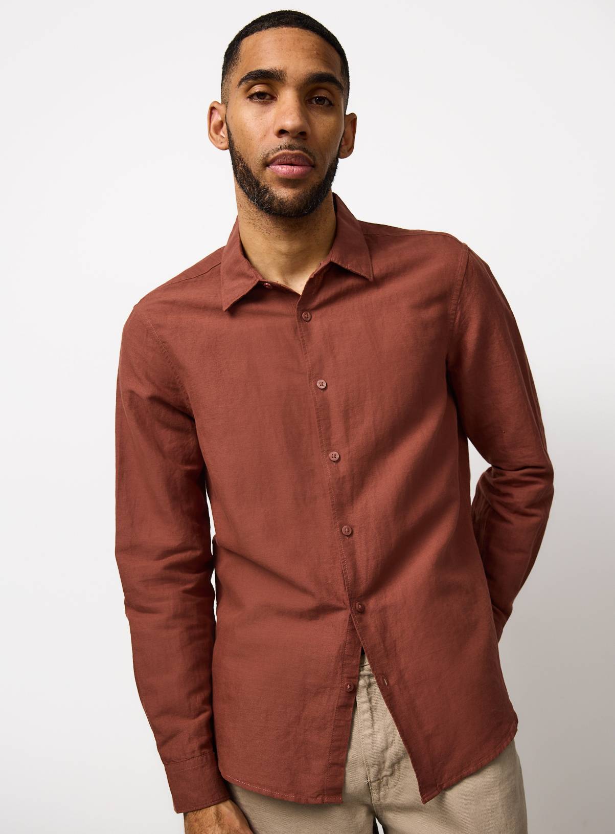 Brown Linen Blend Long Sleeve Button Up Shirt XXL - Image 1