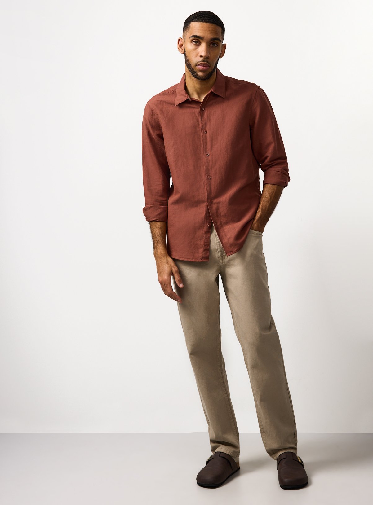 Brown Linen Blend Long Sleeve Button Up Shirt XXL - Image 2 thumbnail
