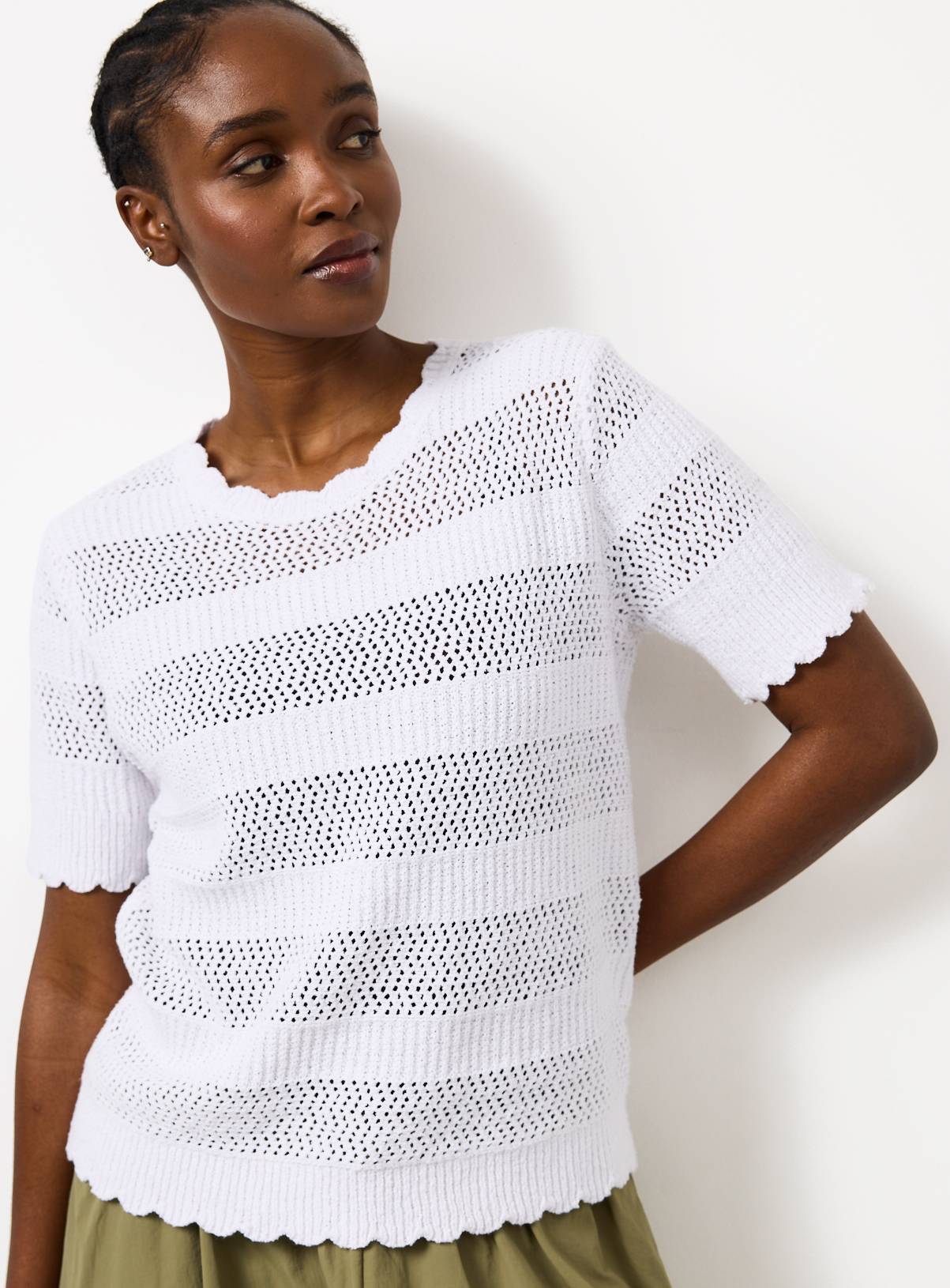 White Stripe Pointelle Scallop Trim T-Shirt 12 - Image 1