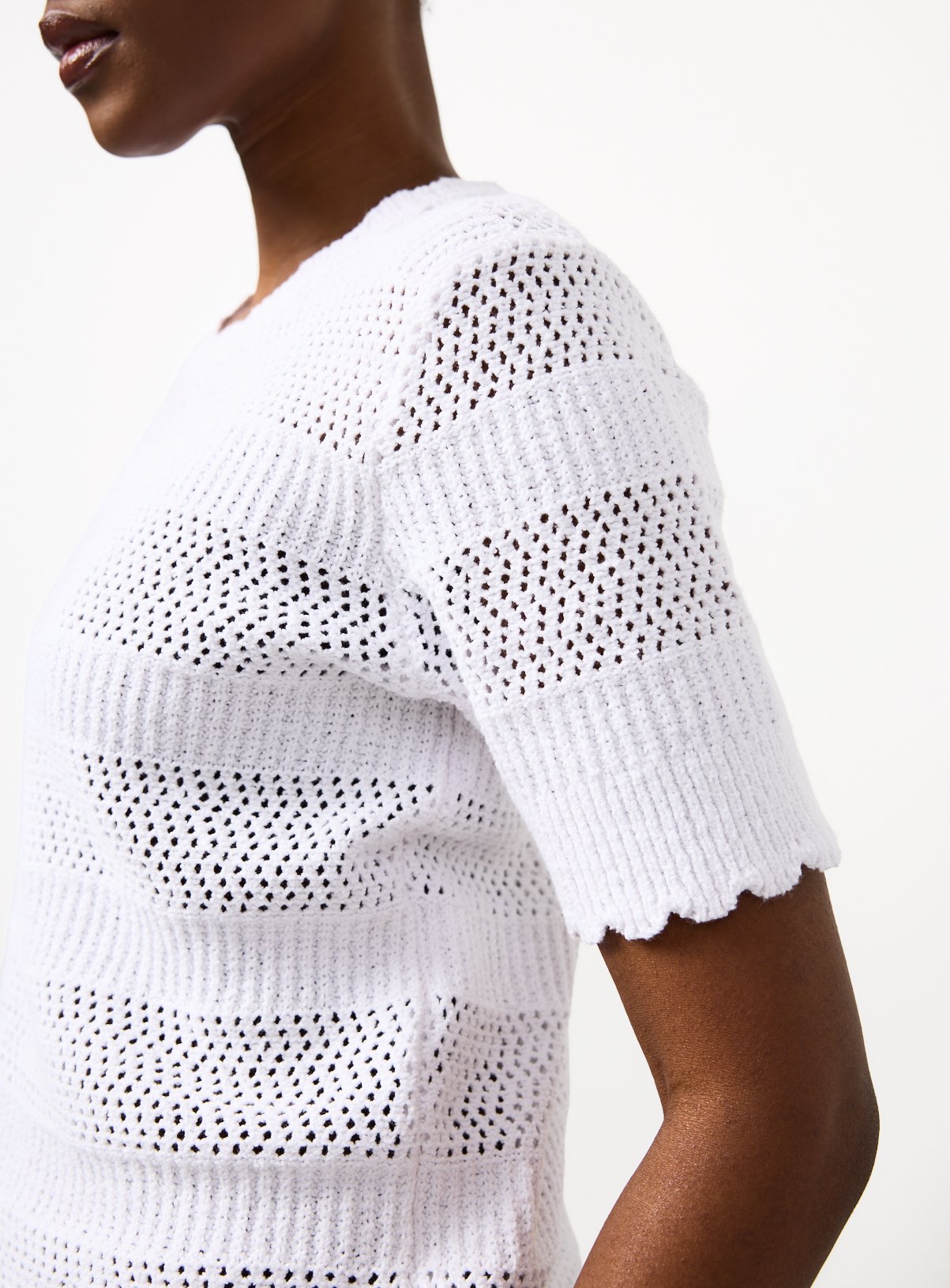 White Stripe Pointelle Scallop Trim T-Shirt 12 - Image 3 thumbnail