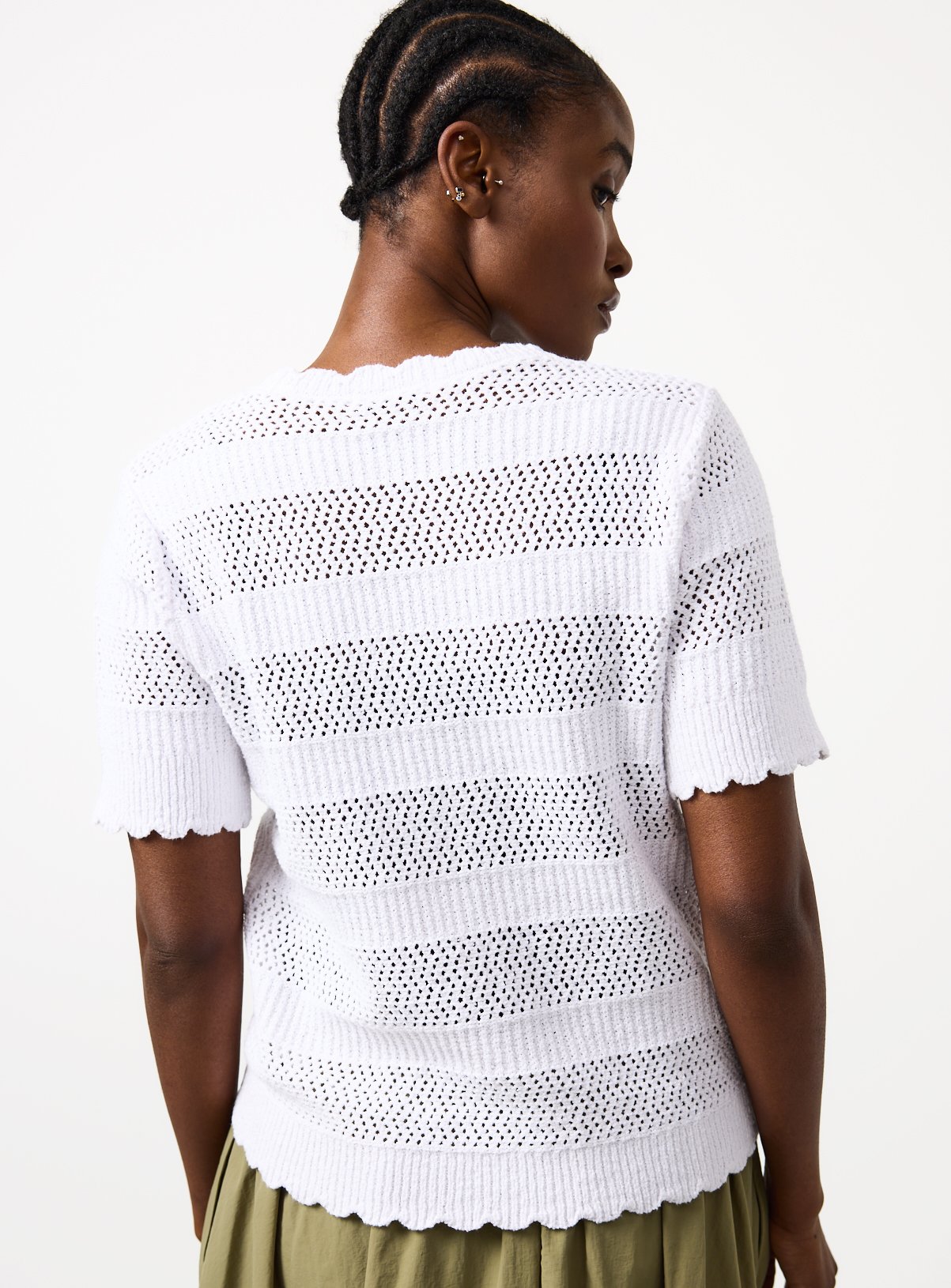 White Stripe Pointelle Scallop Trim T-Shirt 12 - Image 4 thumbnail