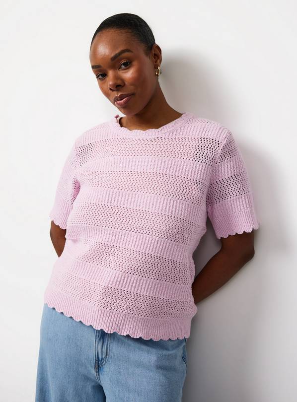 Pink Stripe Pointelle Scallop Trim T-Shirt 22