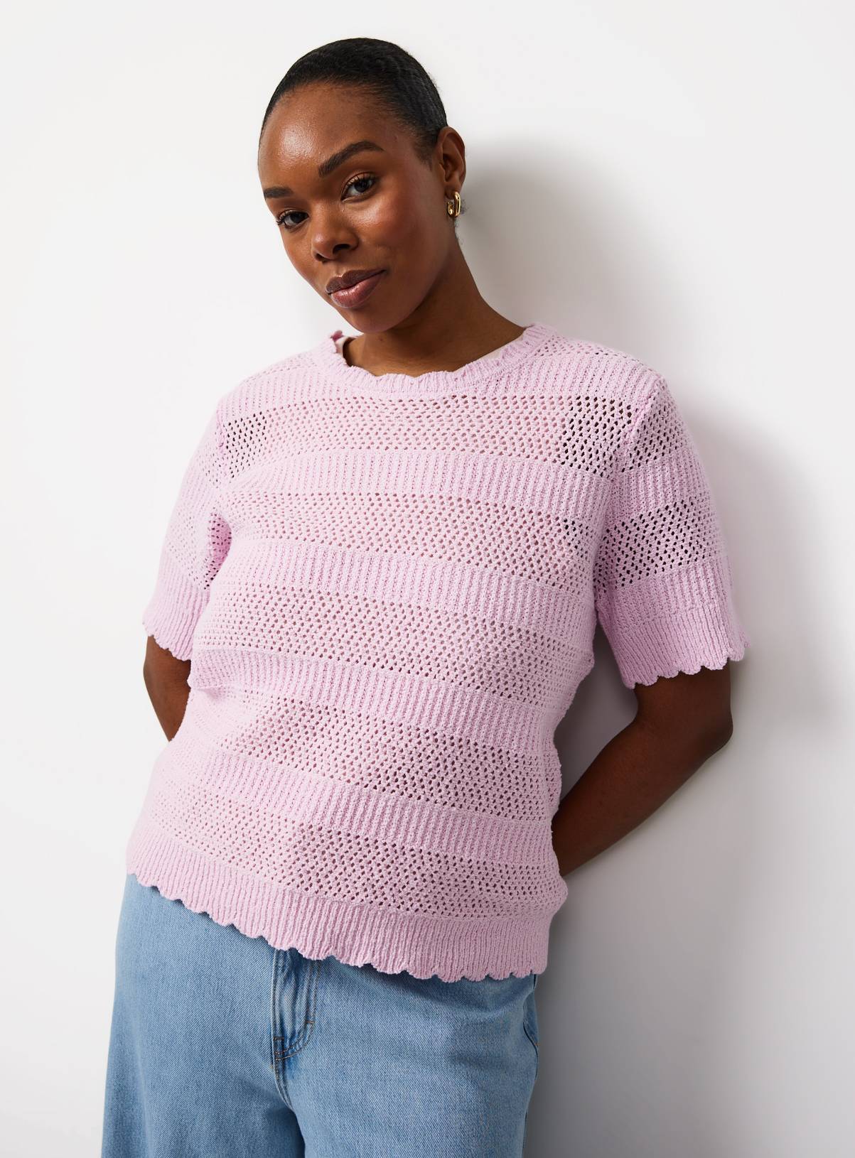 Pink Stripe Pointelle Scallop Trim T-Shirt 20 - Image 1
