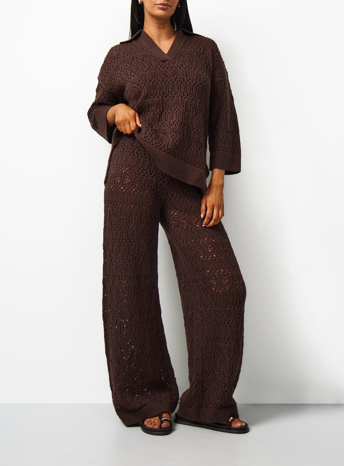 Brown Stitch Wide Leg Co-ord Trousers L - Image 1 thumbnail