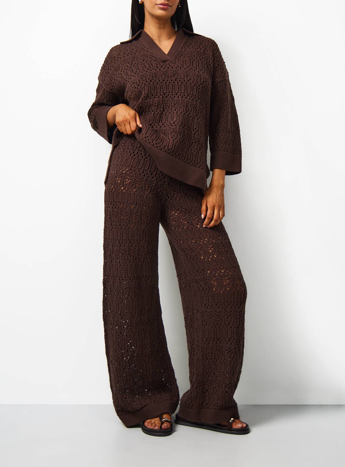 Brown Stitch Wide Leg Co-ord Trousers L - Image 1