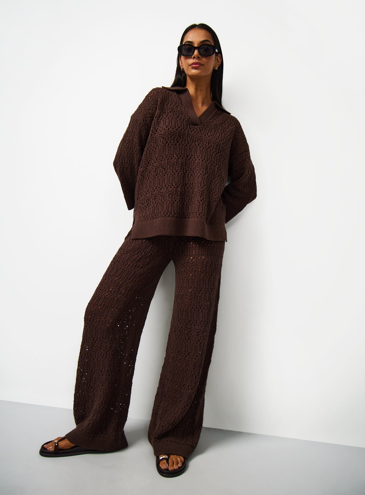 Brown Stitch Wide Leg Co-ord Trousers L - Image 2 thumbnail