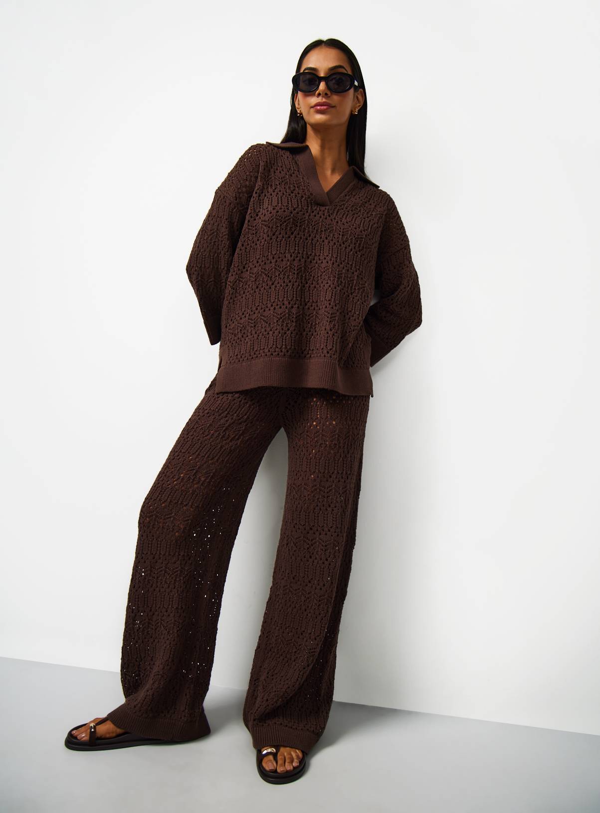 Brown Stitch Wide Leg Co-ord Trousers L - Image 2