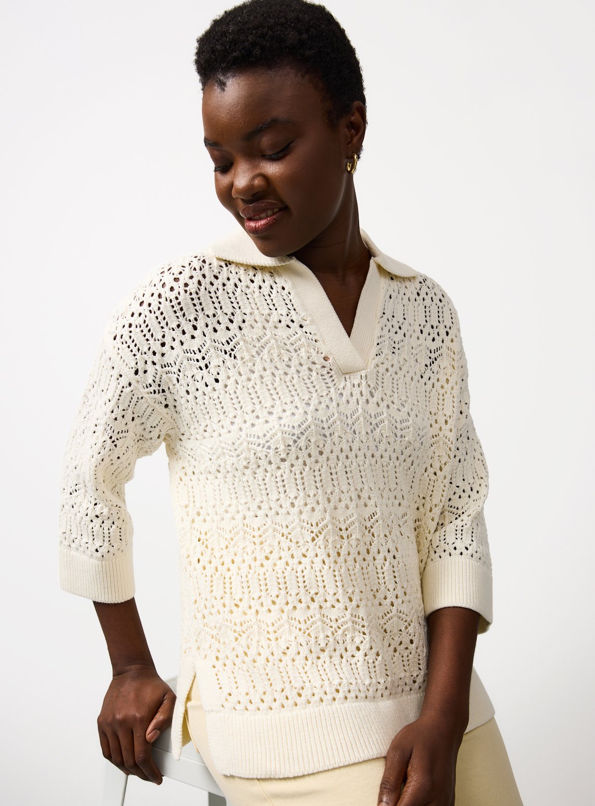 Cream Collared Stitch Jumper M - Image 1 thumbnail