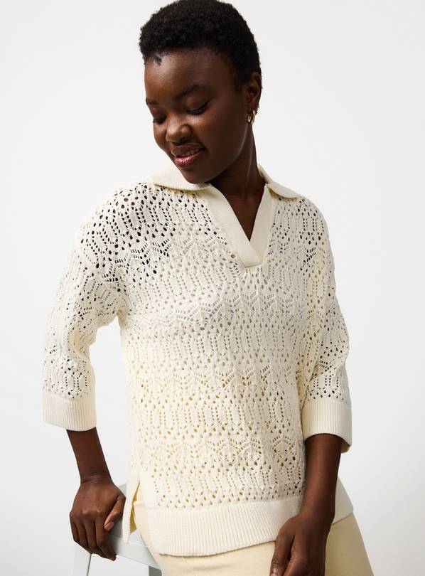 Cream Step Hem Collared Stitch Jumper S