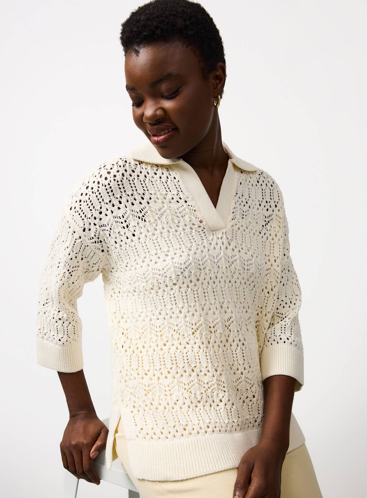 Cream Collared Stitch Jumper M - Image 1