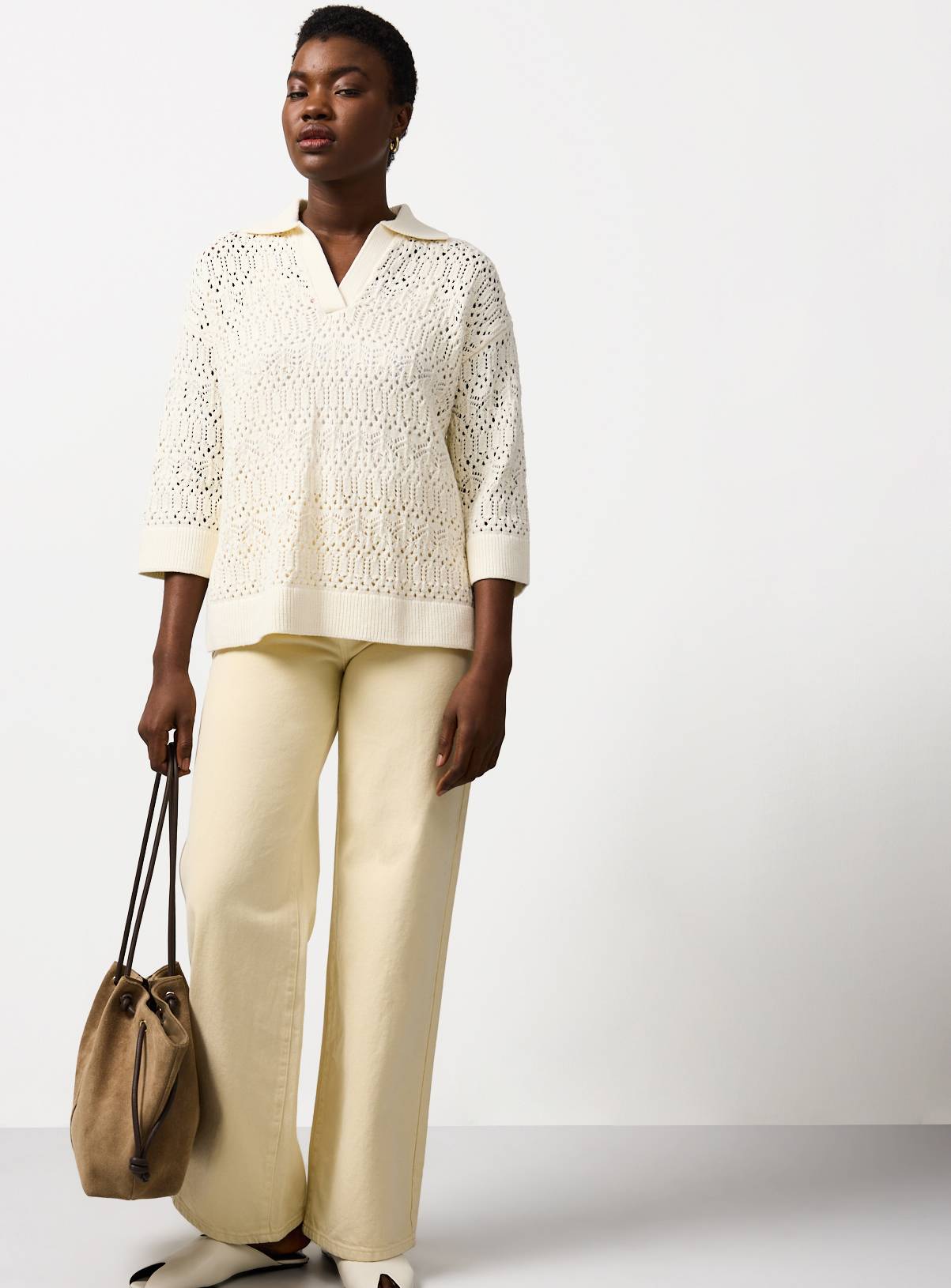 Cream Collared Stitch Jumper M - Image 2