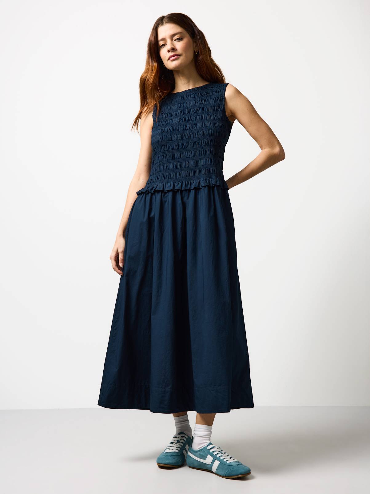 Navy Poplin Shirred Sleeveless Midaxi Dress 14 - Image 1