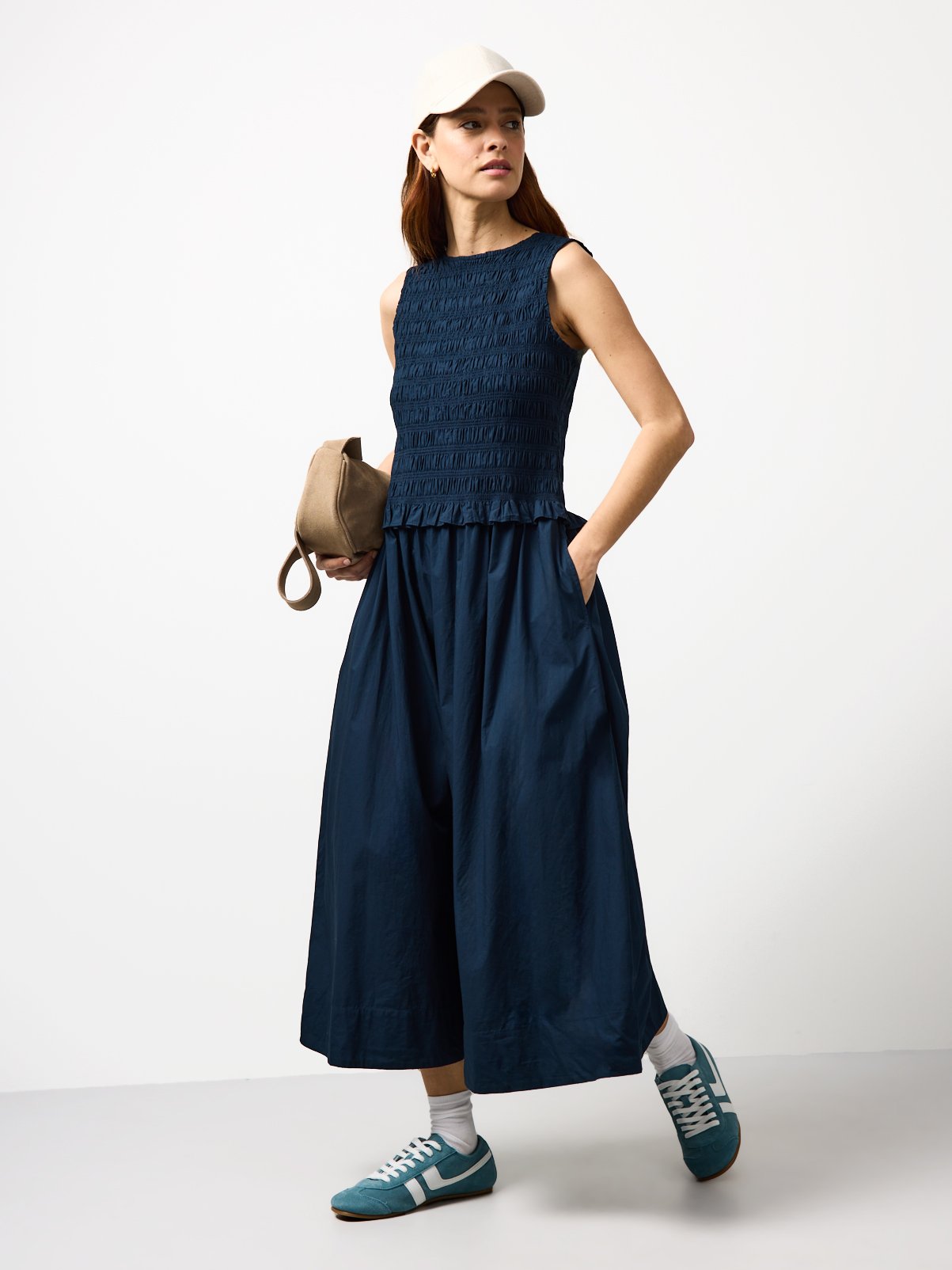 Navy Poplin Shirred Sleeveless Midaxi Dress 14 - Image 2 thumbnail