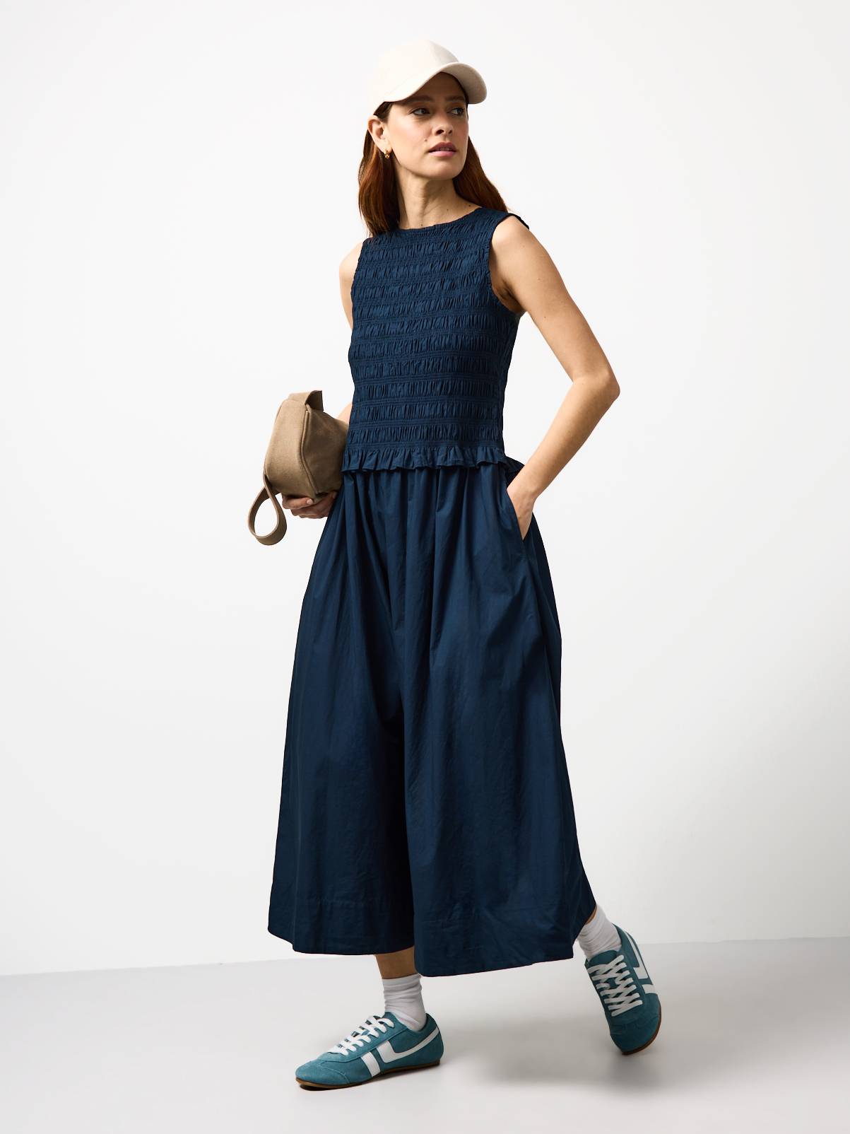 Navy Poplin Shirred Sleeveless Midaxi Dress 14 - Image 2