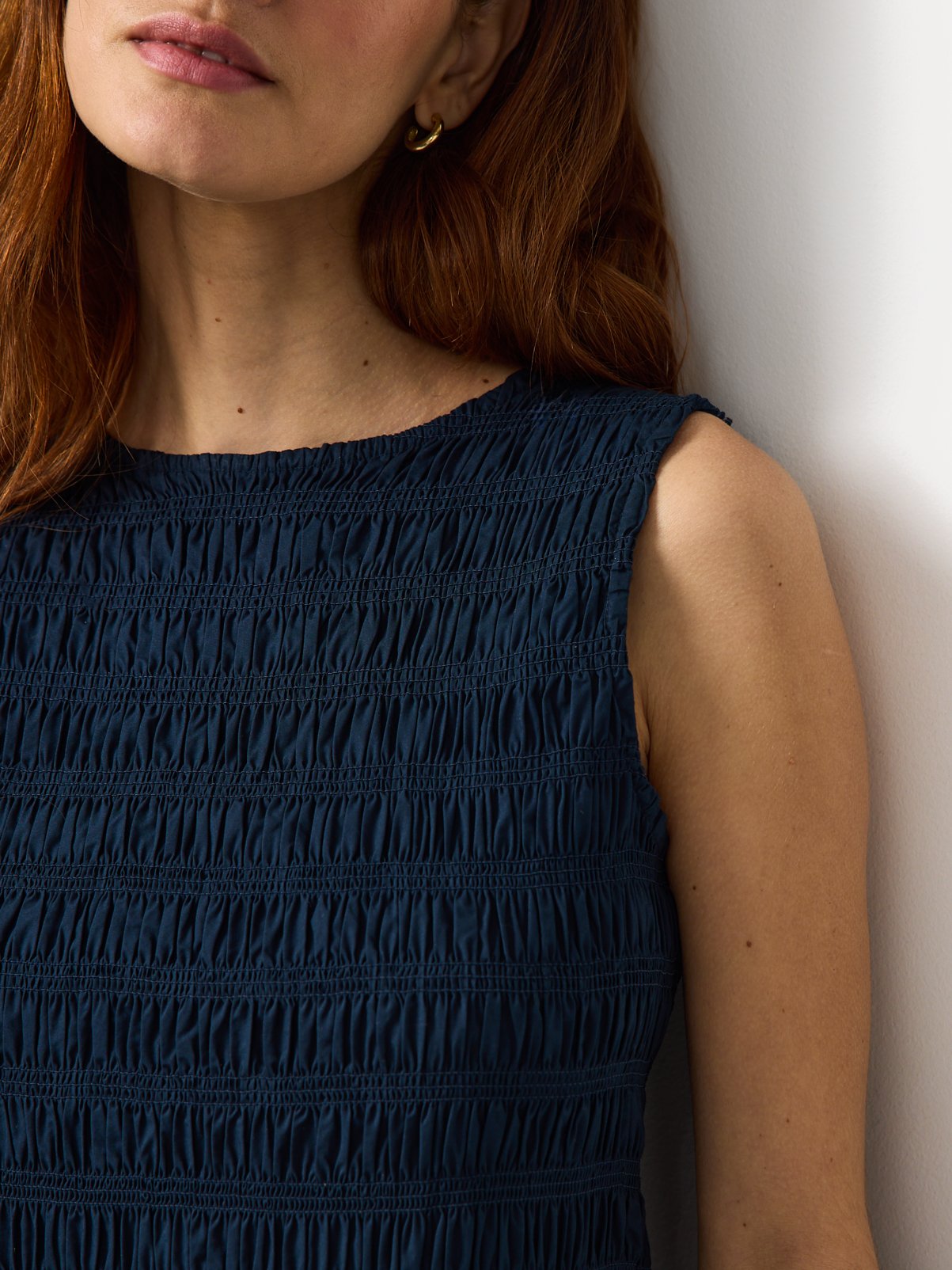 Navy Poplin Shirred Sleeveless Midaxi Dress 14 - Image 3 thumbnail