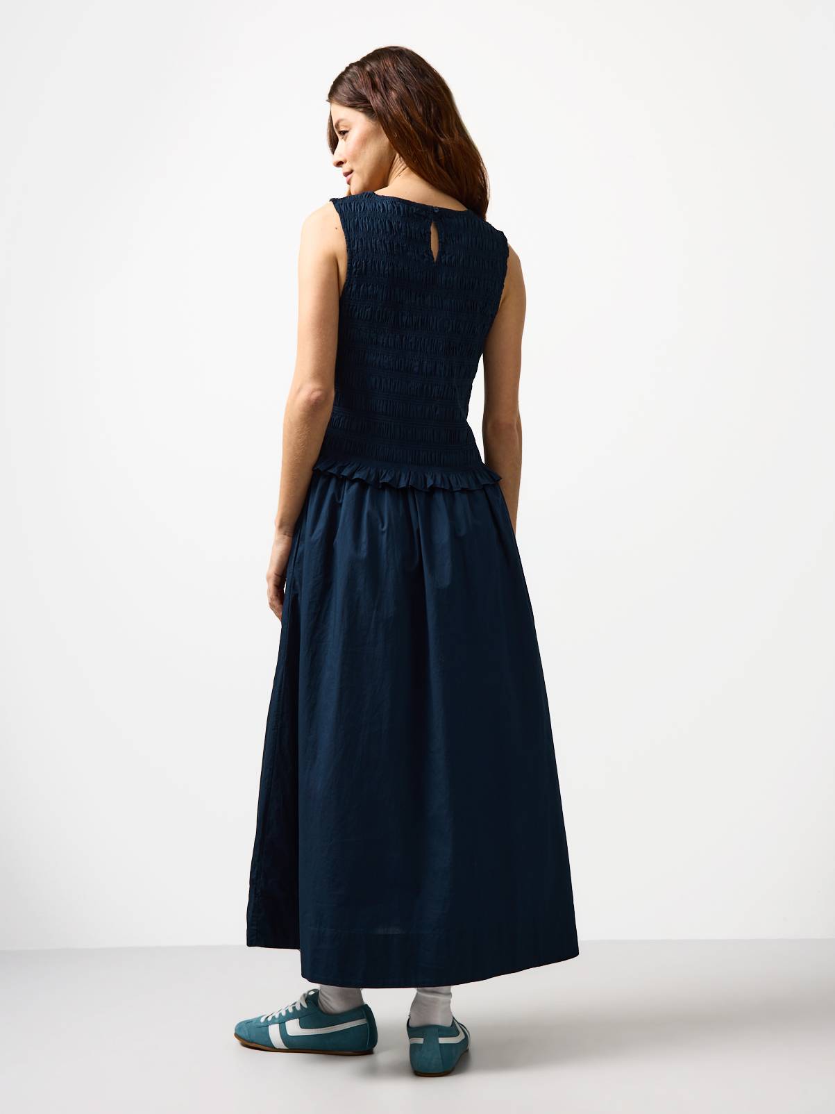 Navy Poplin Shirred Sleeveless Midaxi Dress 14 - Image 4