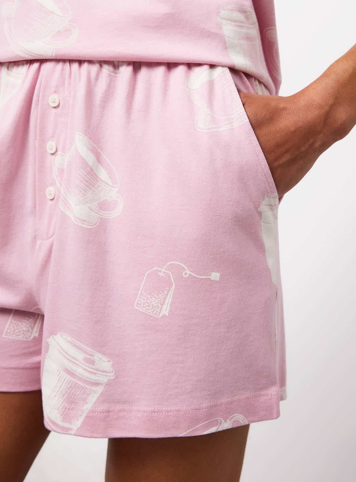 Pink Tea & Coffee Print Pyjama Shorts S - Image 3