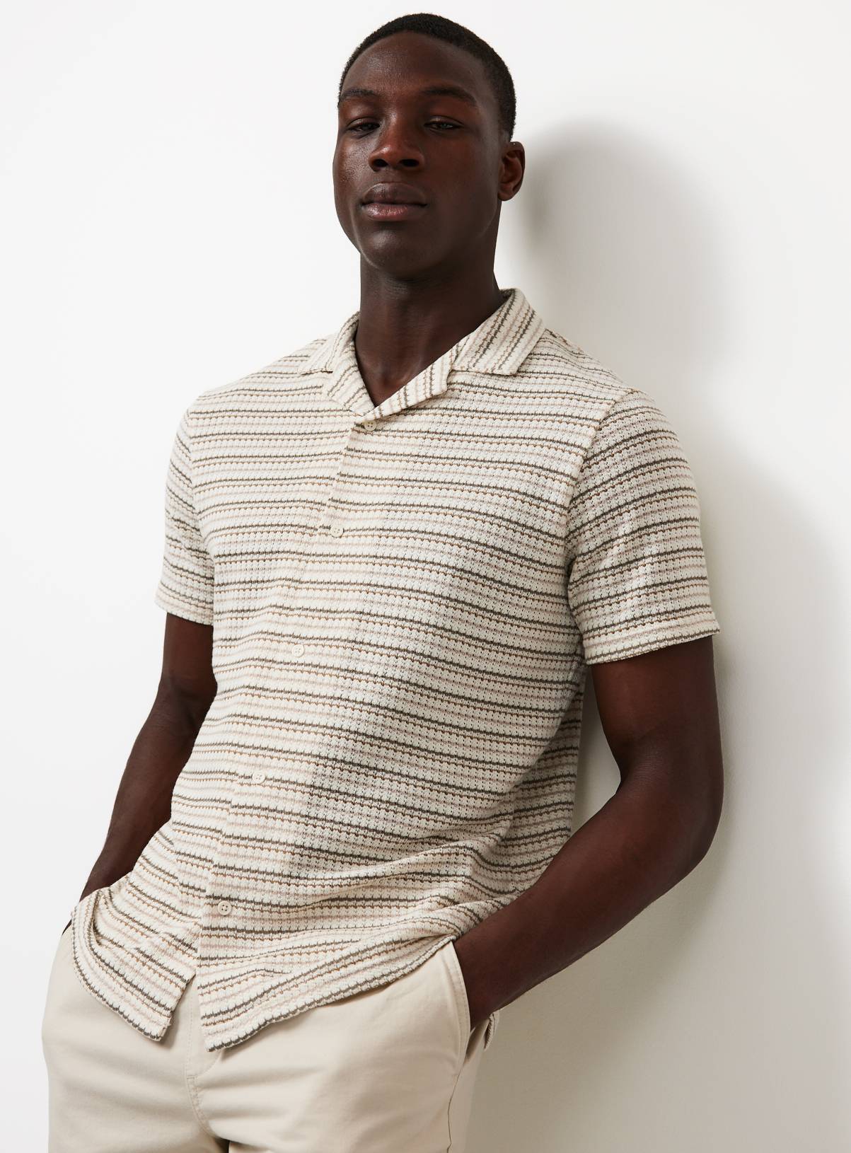 Cream Stripe Textured Jersey Short Sleeve Shirt XXXL - Image 1