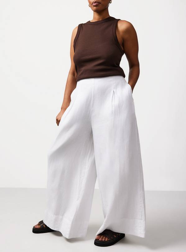 White Pure Linen Palazzo Trousers 12R