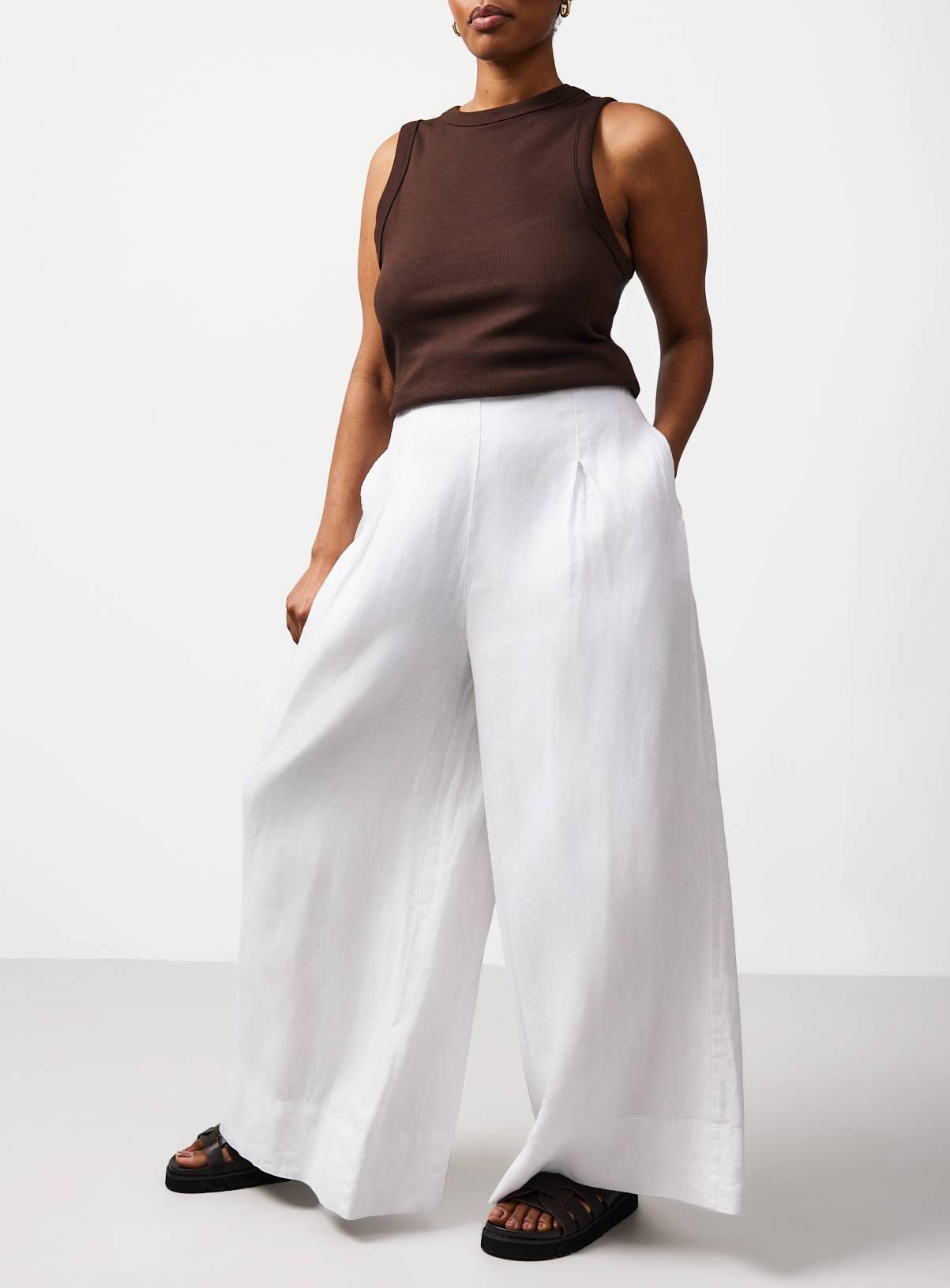 White Pure Linen Palazzo Trousers 12R - Image 1