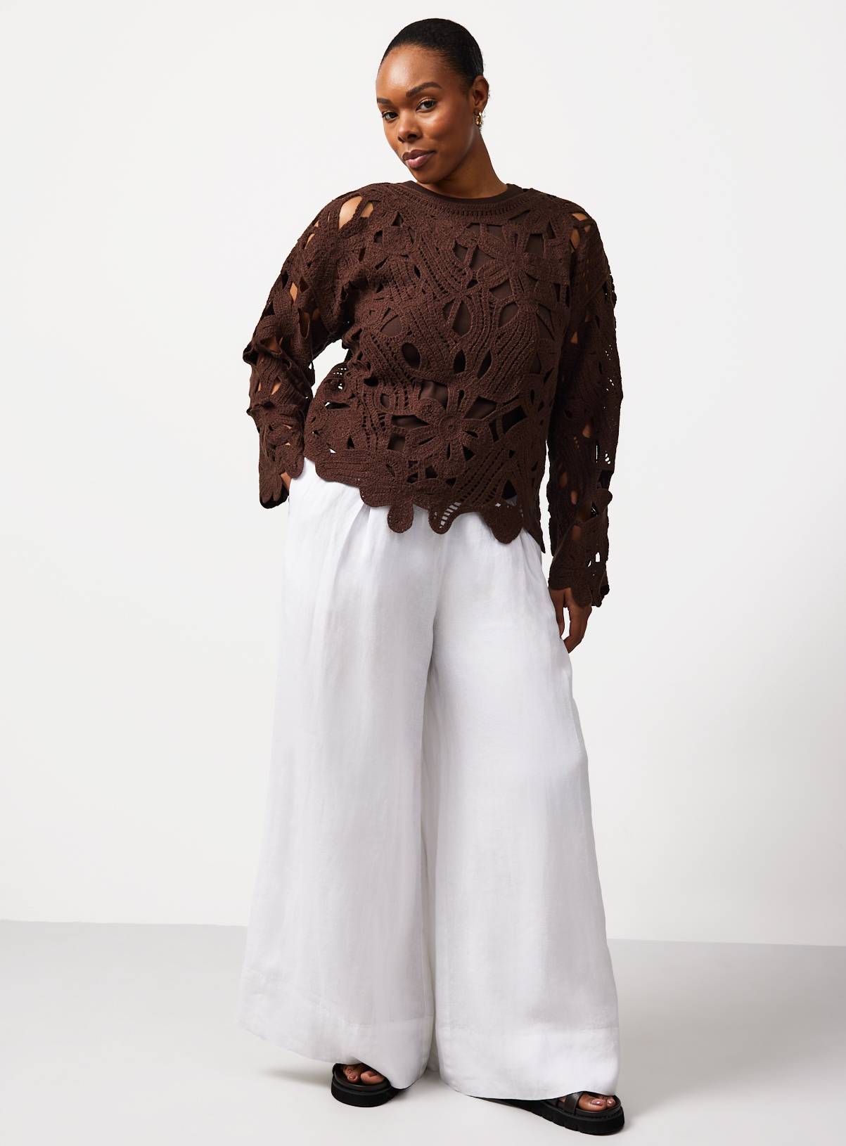 White Pure Linen Palazzo Trousers 12R - Image 3
