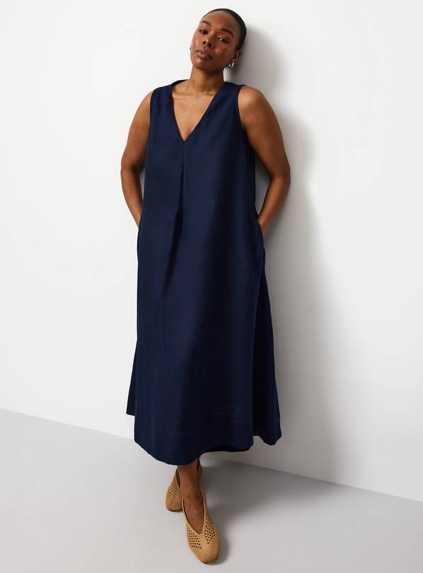 Navy Linen V Neck Midi Shift Dress 14