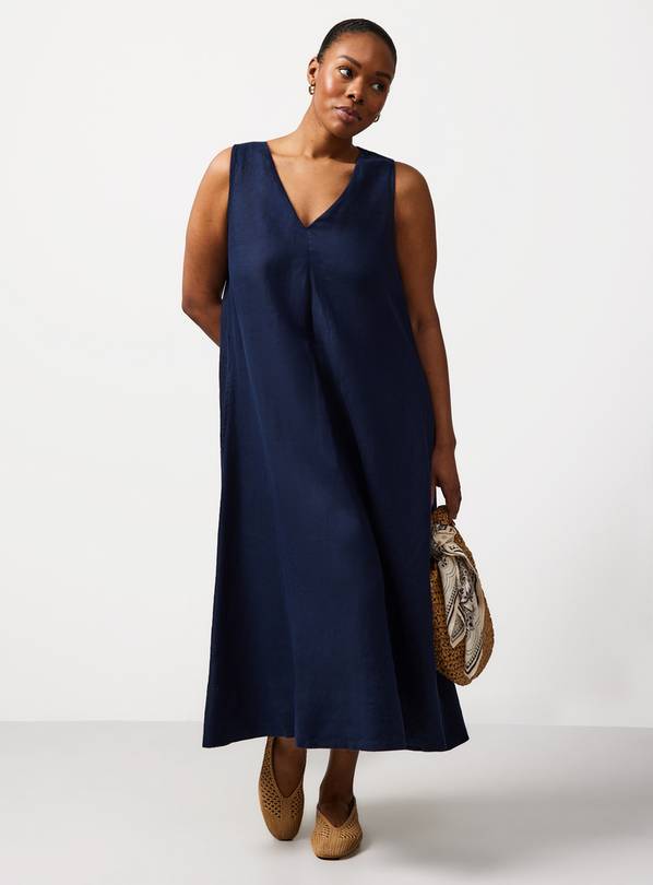Buy Navy Pure Linen V Neck Midi Shift Dress 10 | Midi | Tu
