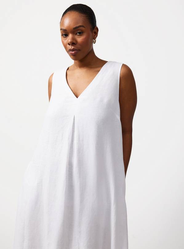 White Linen V Neck Midi Shift Dress 8