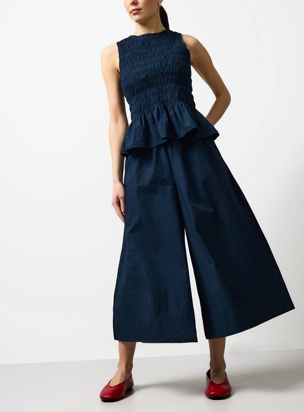 Navy Wide Leg Poplin Palazzo Trousers 16