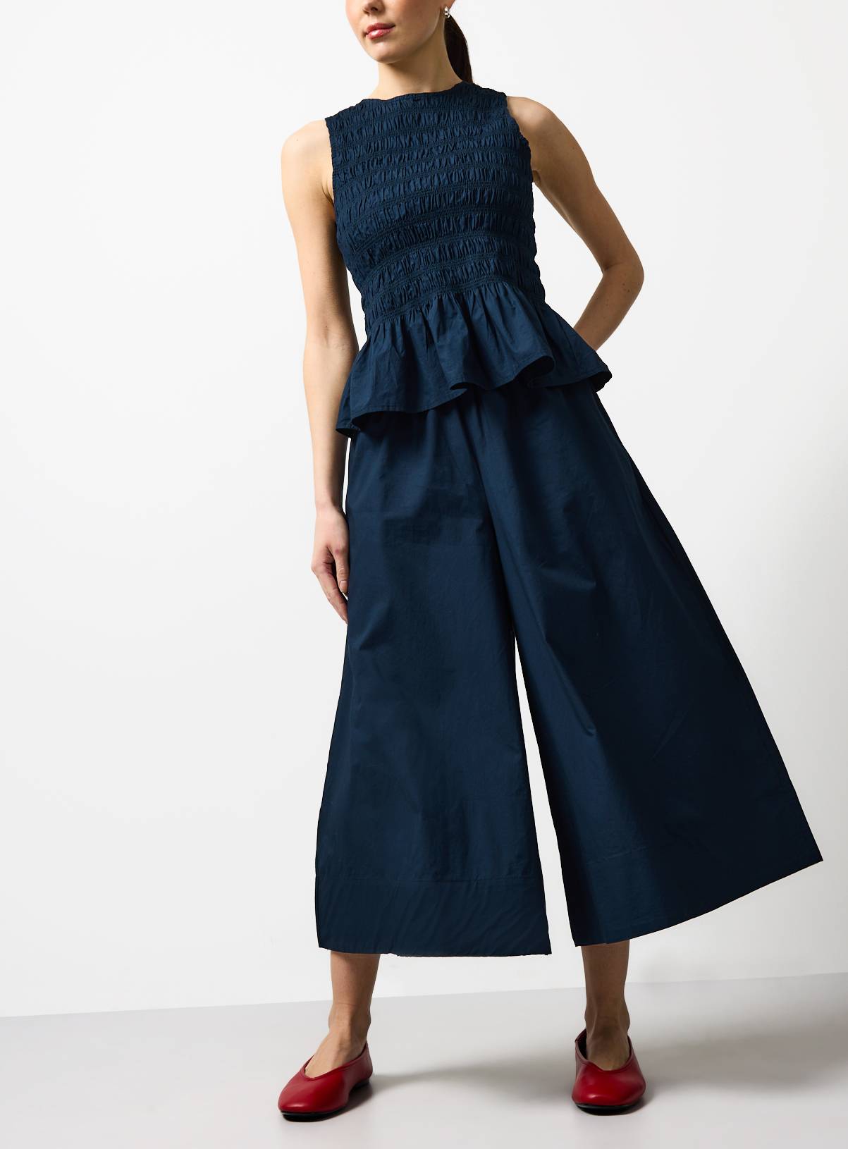 Navy Wide Leg Poplin Palazzo Trousers 12 - Image 1