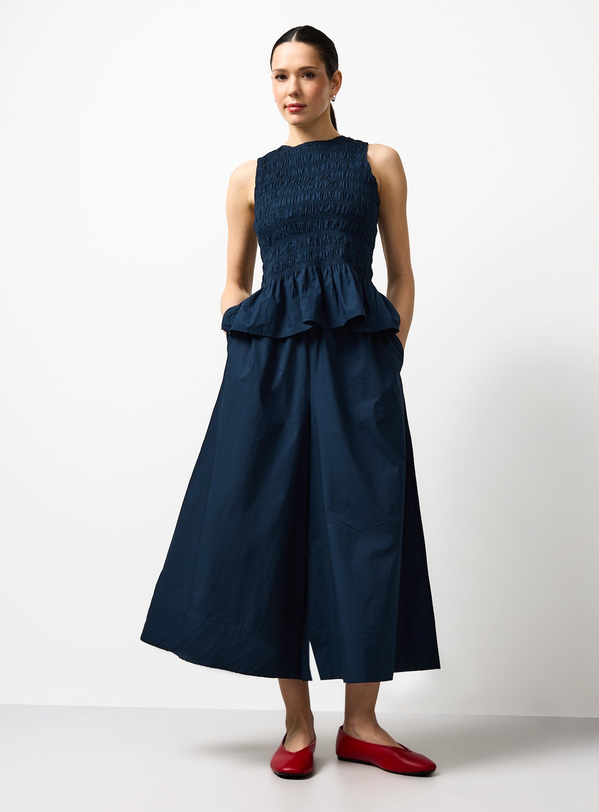 Navy Wide Leg Poplin Palazzo Trousers 12 - Image 2 thumbnail