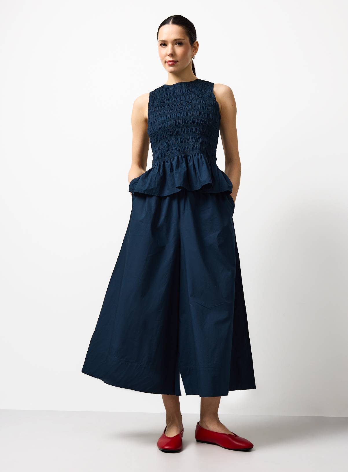 Navy Wide Leg Poplin Palazzo Trousers 12 - Image 2