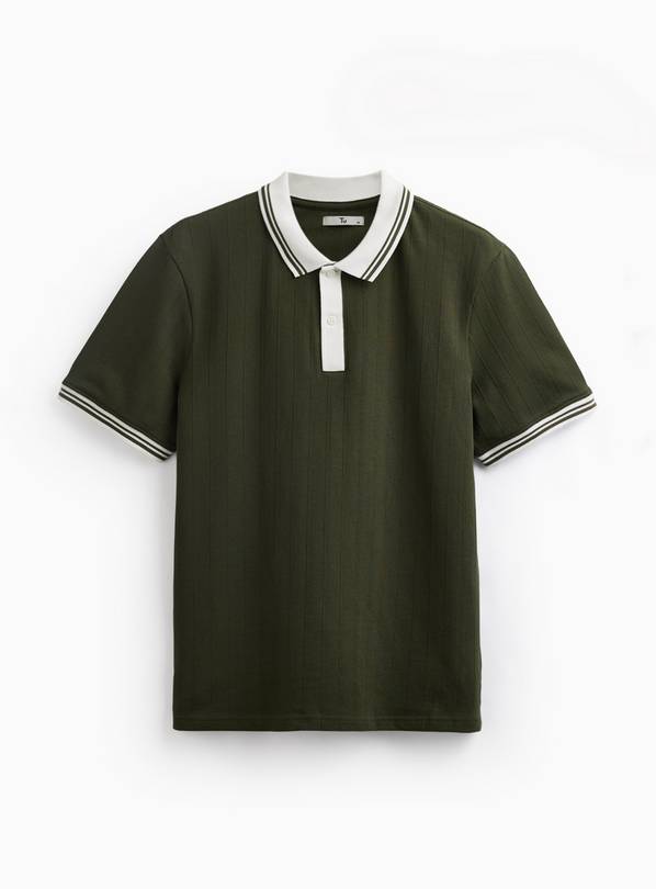 Green Textured White Tipped Polo Shirt M