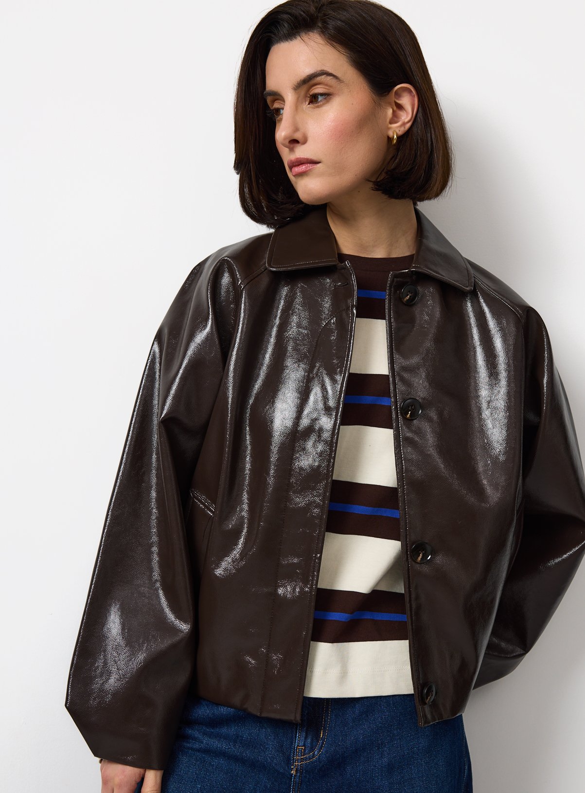 Brown PU Bubble Hem Jacket L - Image 3 thumbnail