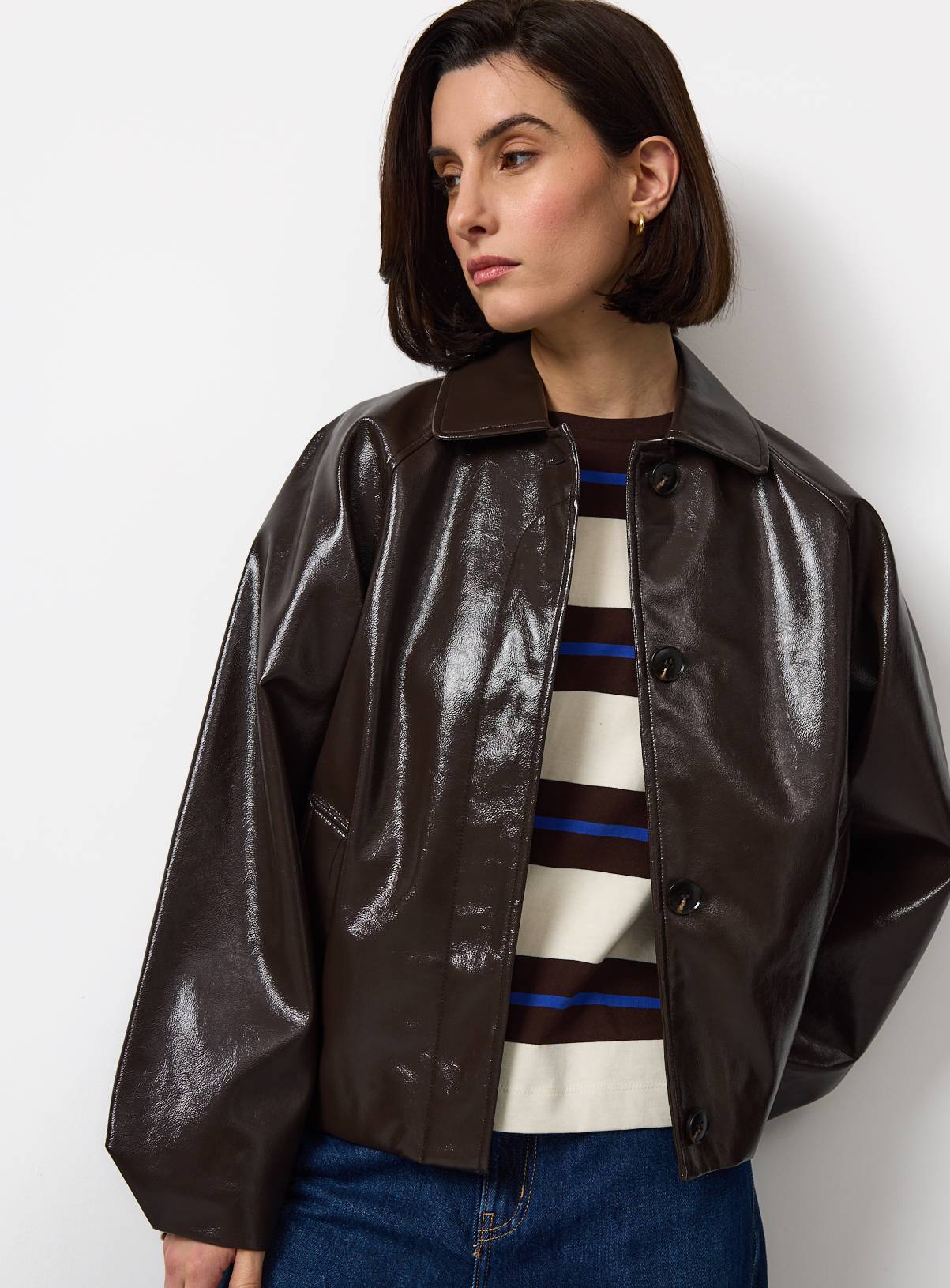 Brown PU Bubble Hem Jacket L - Image 3